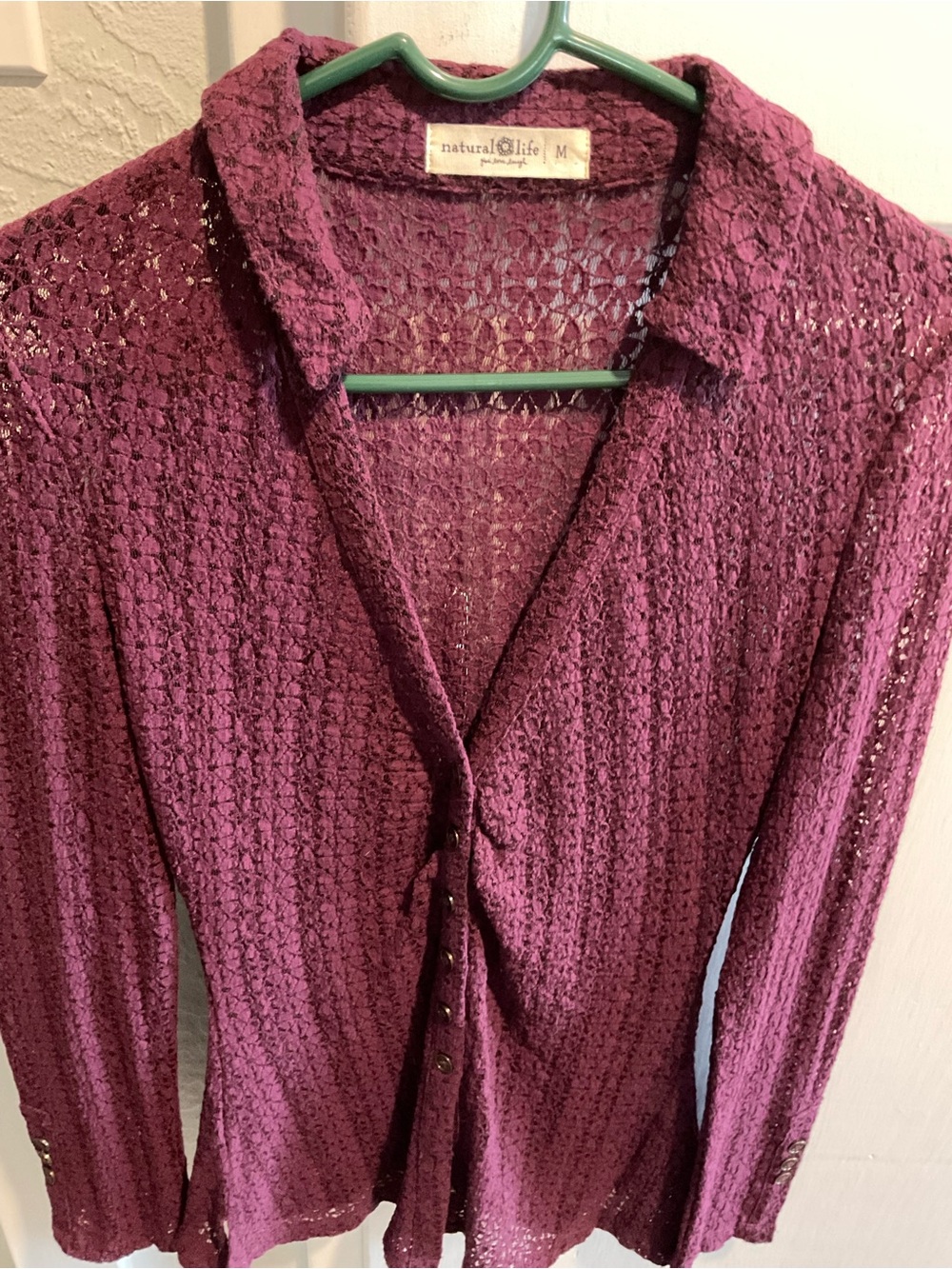 NATURAL LIFE Plum Lace-Knit Button Front Shirt
